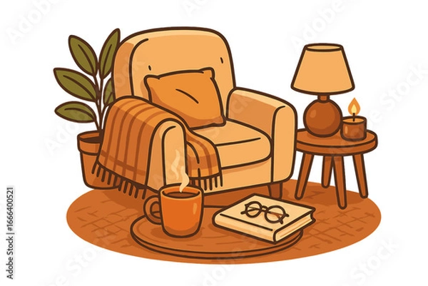 Fototapeta Cozy home interior with armchair for relaxation and comfort. Hygge lifestyle concept with book, hot coffee. Peaceful autumn retreat, warm evening reading. Vector illustration.