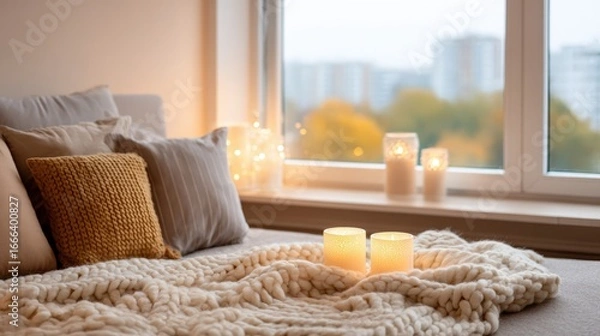 Fototapeta Cozy living room scene featuring soft blankets, decorative pillows, and glowing candles on a window sill, creating a warm and inviting atmosphere for relaxation and comfort