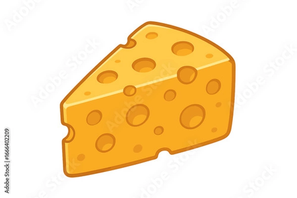 Fototapeta Wedge of Swiss cheese with holes. Cartoon vector illustration. Yellow cheese block isolated on white. Food icon for dairy product, snack, gourmet meal or appetizer ingredient.