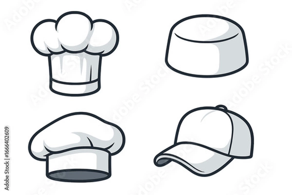 Obraz Chef hat vector set. Collection of cook caps for culinary professionals. Toque, baker, and kitchen staff headwear icon. Restaurant uniform element. Cartoon illustration.
