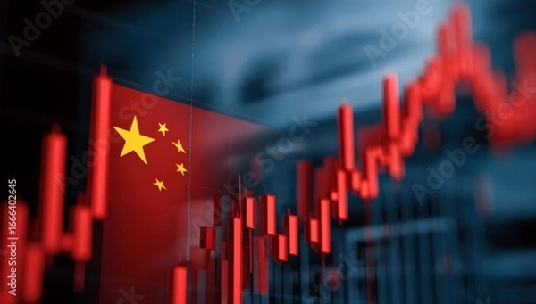 Fototapeta A red stock market graph with the china flag in front of it, representing global economic trends and tech investors' financial news.