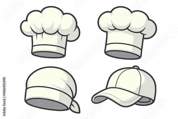 Obraz Chef hat collection vector set. Kitchen headwear with toque, baker bandana, and cook cap. Culinary professional uniform accessory for restaurant or bakery staff icon design.