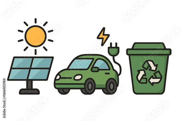Fototapeta Eco friendly concept with sustainable energy solution icons. Solar power panel, electric vehicle charging, and recycling bin. Green technology for environmental conservation.