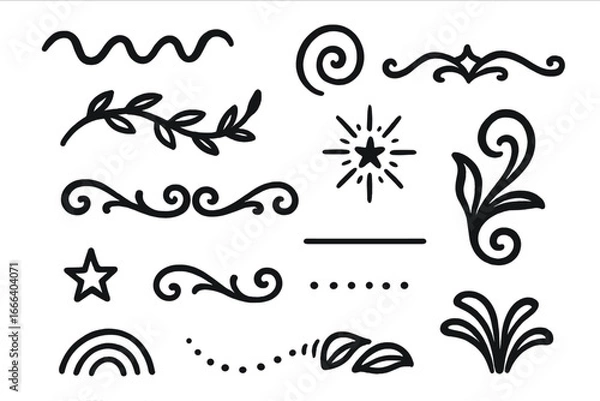 Obraz Hand drawn doodle dividers set. Collection of vintage line borders, text separators, and cute sketch ornaments. Vector graphic design elements, laurels, stars, and flourishes.