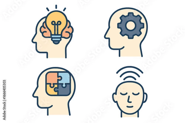 Fototapeta Mental process icons. Cognition, idea, thinking, logic, psychology, problem solving, mindfulness. Head silhouette with lightbulb, gear, puzzle. Brainstorming vector set.