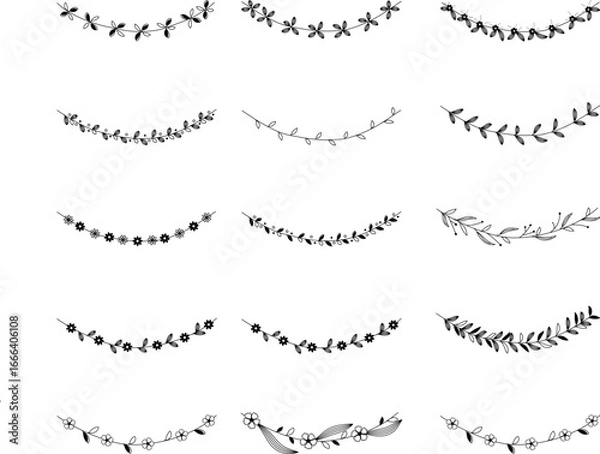 Fototapeta Collection of elegant hand drawn floral garland borders in black and white. Minimalist botanical vector dividers perfect for invitations, greeting cards, posters, scrapbooking, and digital designs.