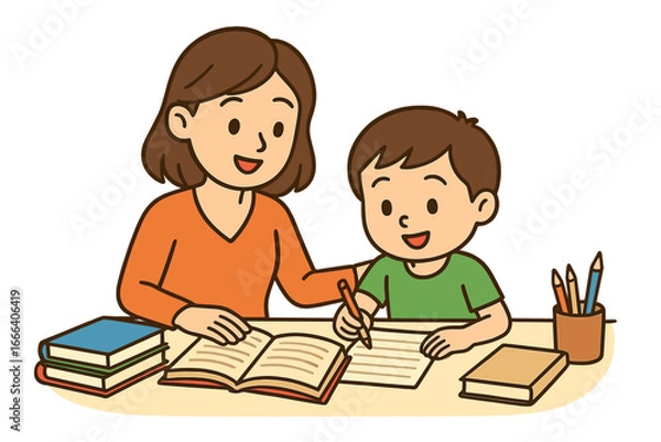 Fototapeta Mother helping son with homework, parent teaching kid. Homeschooling education. Family learning, studying together. Cute boy writing at a desk with books. Vector cartoon.