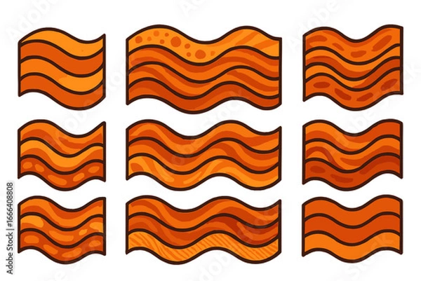 Obraz Fried bacon strips set. Crispy pork meat for breakfast. Cartoon vector illustration graphic design elements. Fast food snack or meal ingredient. Isolated food icons set.