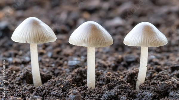 Fototapeta Growing Mushrooms in Soil, Macro Photography, Forest Environment, Close-Up View, Fungi Concept