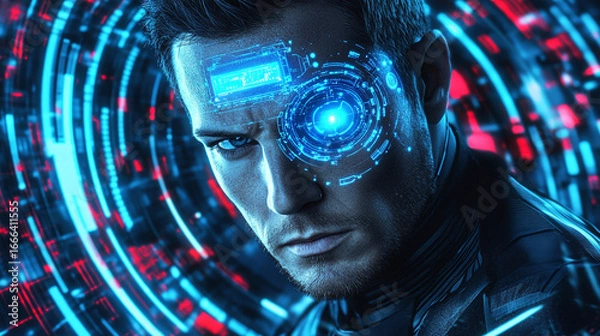 Fototapeta Cybernetic Hero in High-Tech Environment, Digital Art, Sci-Fi Concept