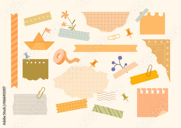 Fototapeta Collection of cute stationery elements with torn paper notes, washi tapes, push pins, paper clips, flowers, origami boat. Perfect for digital scrapbooking, journaling, planners, stickers, diy project