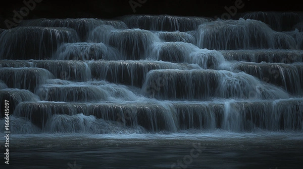 Fototapeta Majestic Waterfall Cascading Down Rock Steps, Nature Scene at Twilight, Serenity in Motion