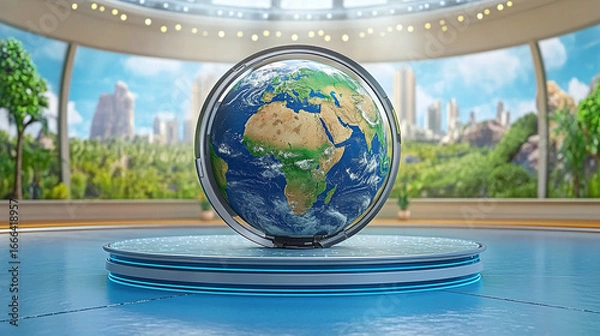 Fototapeta 3D Earth Model in Futuristic Studio, Digital Art, Bright Environment, Eye-Level View