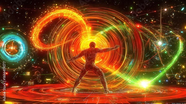 Fototapeta Dynamic Action of a Dancer Creating Light Trails in a Vibrant Cosmic Environment