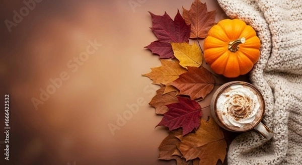 Fototapeta Cozy autumn scene with pumpkin spice latte, maple leaves, and warm sweater.