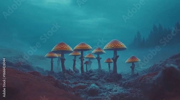 Fototapeta Mysterious Underwater Adventure, Vibrant Mushrooms, Ocean Depths, Digital Illustration, Ethereal Environment, Surreal Viewpoint