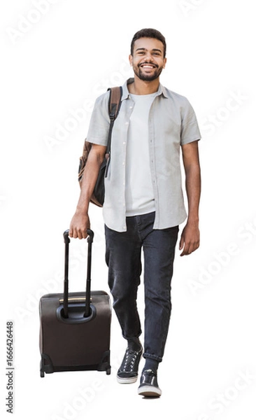 Fototapeta Handsome happy man full length portrait isolated transparent PNG, Young joyful smiling student men walking with suitcase isolated transparency. Travel, tourism, summer holiday concept