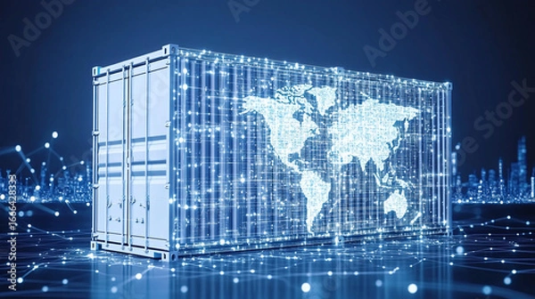 Fototapeta Global Shipping Container with Digital Map Representation in a Tech Environment