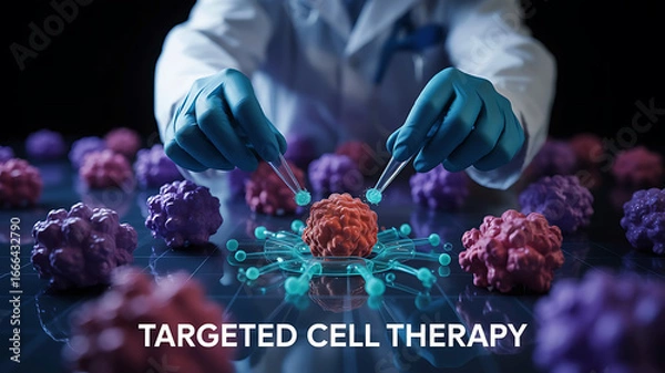 Fototapeta Advanced biotechnology research focusing on targeted cell therapy with glowing cellular structures and scientist hands