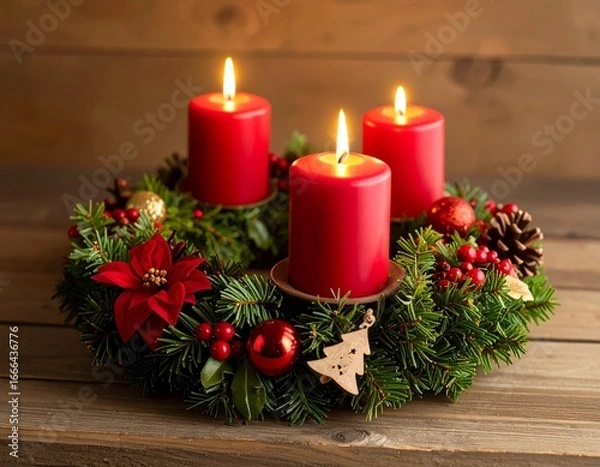 Fototapeta キャンドルとクリスマスリースが並ぶテーブル