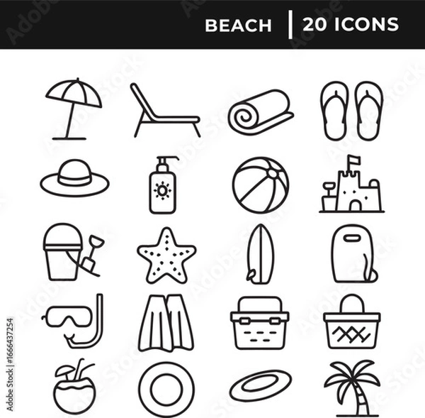 Obraz Set of beach icon collection line art vector illustration