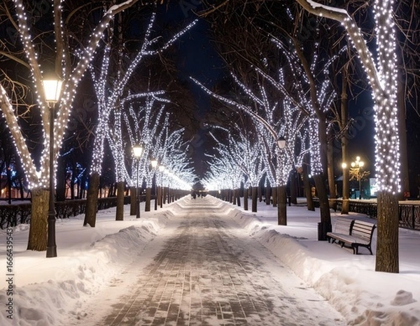 Fototapeta 町の公園に広がるホワイトイルミネーションの夜景