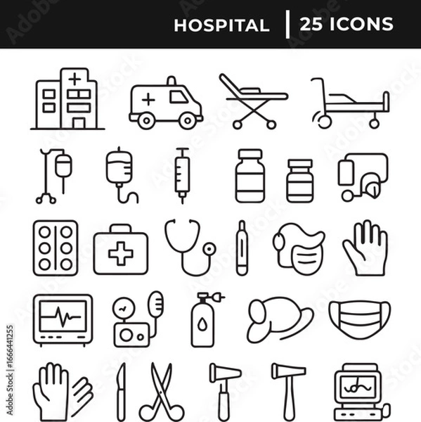 Obraz Set of hospital icon collection line art vector illustration