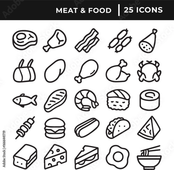 Obraz Set of meat and food icon collection line art vector illustration