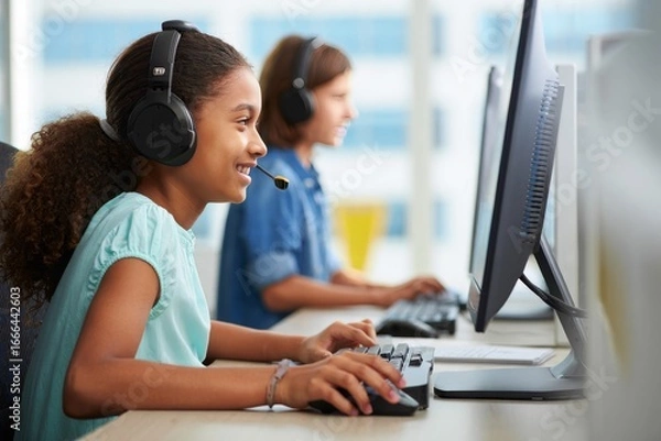 Obraz Young students learning computer skills with headphones in a classroom environment today