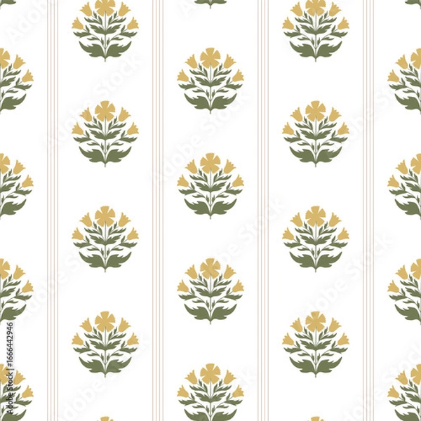 Fototapeta Floral block print with stripes. Vector farmhouse seamless pattern decorated small ditsy flowers, wildflowers. Cute grandmillennial style for textile design, wallpaper, repeat background, wrap paper.