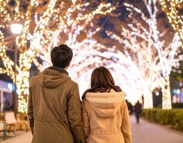 Fototapeta ホワイトイルミネーションを楽しむカップル
