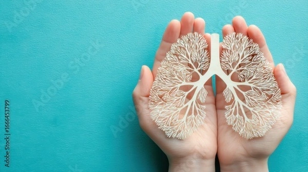 Fototapeta Hands gently holding a paper cutout of lungs on a blue background, symbolizing lung health and care
