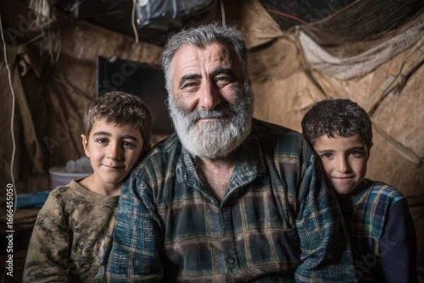 Fototapeta A bearded man with two young boys smiles warmly inside a rustic, makeshift shelter, conveying family unity and resilience