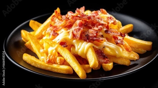 Fototapeta Crispy golden fries topped with melted cheese and savory bacon pieces, served on a black plate against a dark background