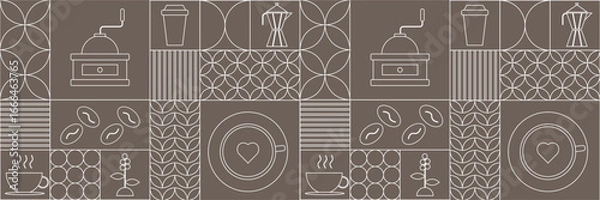 Fototapeta Seamless coffee pattern with line art icons including cups, beans, grinders, to-go mugs, moka pots, and decorative geometric shapes in a modern minimal style
