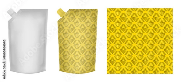 Fototapeta Spouted pouch - blank mockup template. Yellow pattern for packaging design. Doypack. Flexible doy pack