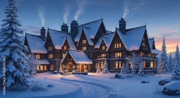 Fototapeta Grand house covered in winter snow scenery landscape