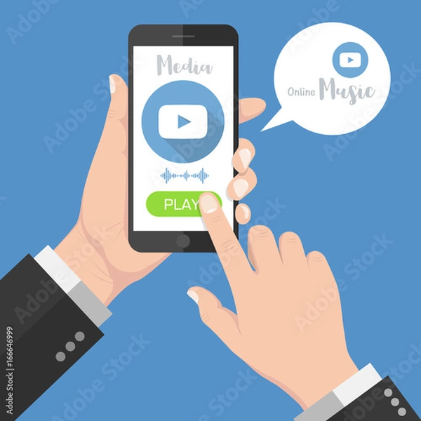 Fototapeta Flash Design style of Human hand holding Smartphone with media or music app on screen. Vector design Element illustration