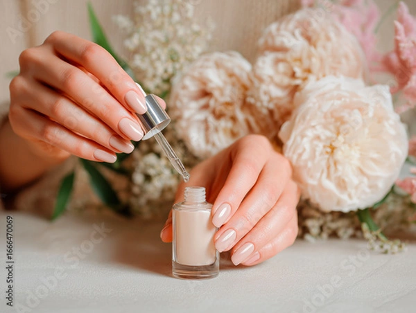 Fototapeta 
beautiful hands with manicured nails applying skincare serum, elegant composition, luxury background, soft neutral tones

