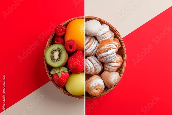 Fototapeta 
contrasted image: left side healthy fruit bowl, right side sugary pastries, white and red background split, good vs bad food concept

