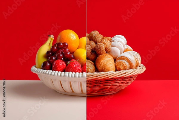 Fototapeta 
contrasted image: left side healthy fruit bowl, right side sugary pastries, white and red background split, good vs bad food concept

