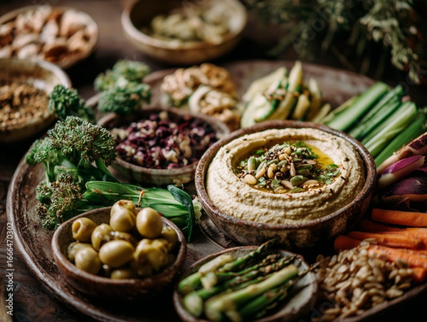 Fototapeta 
healthy vegan platter with hummus, raw vegetables, nuts, and seeds, rustic ceramic plates, natural tones, soft lighting

