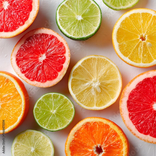 Fototapeta 
juicy citrus fruits cut in half, arranged on a clean white surface, bright overhead light, vitamin-rich composition

