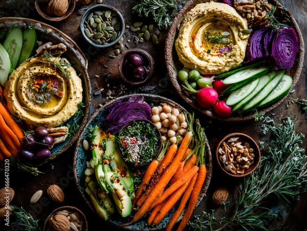 Fototapeta 
healthy vegan platter with hummus, raw vegetables, nuts, and seeds, rustic ceramic plates, natural tones, soft lighting

