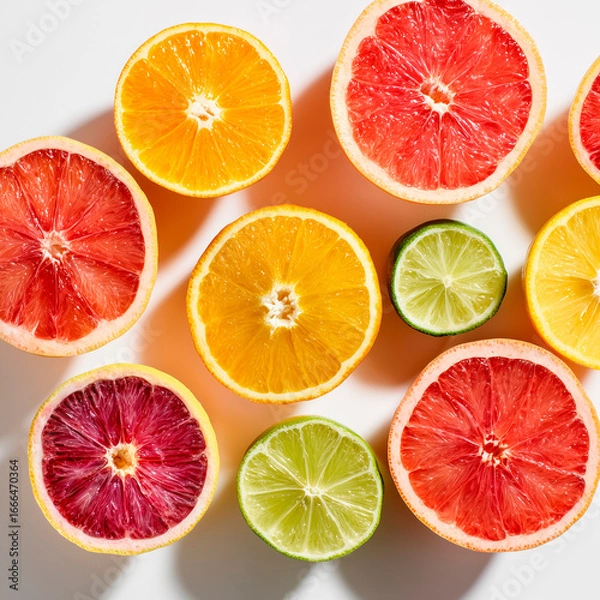 Fototapeta 
juicy citrus fruits cut in half, arranged on a clean white surface, bright overhead light, vitamin-rich composition

