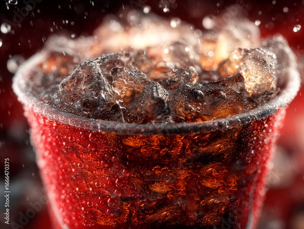 Fototapeta 
overflowing soda with ice in a branded cup, bubbles, condensation, unhealthy beverage vibe, close-up shot

