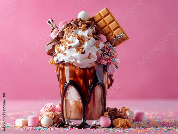 Fototapeta 
overloaded milkshake with whipped cream, chocolate syrup, candy toppings, extreme indulgence, styled for social media


