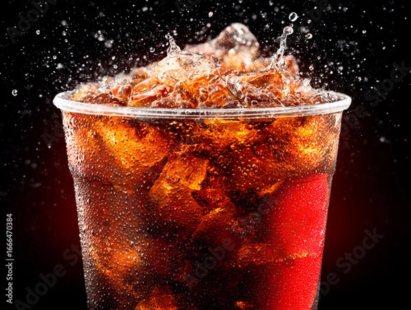 Fototapeta 
overflowing soda with ice in a branded cup, bubbles, condensation, unhealthy beverage vibe, close-up shot

