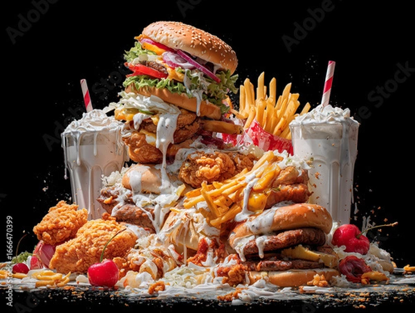 Fototapeta 
pile of fast food items including fries, burgers, fried chicken, and milkshakes, messy and excessive, over-the-top visuals

