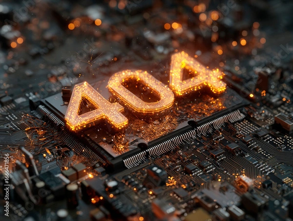 Fototapeta 
A meticulously rendered data server room, with rows of blinking lights, intricate wiring, and one server rack distinctly powered down, its screen showing "404." Volumetric dust motes, realistic metal